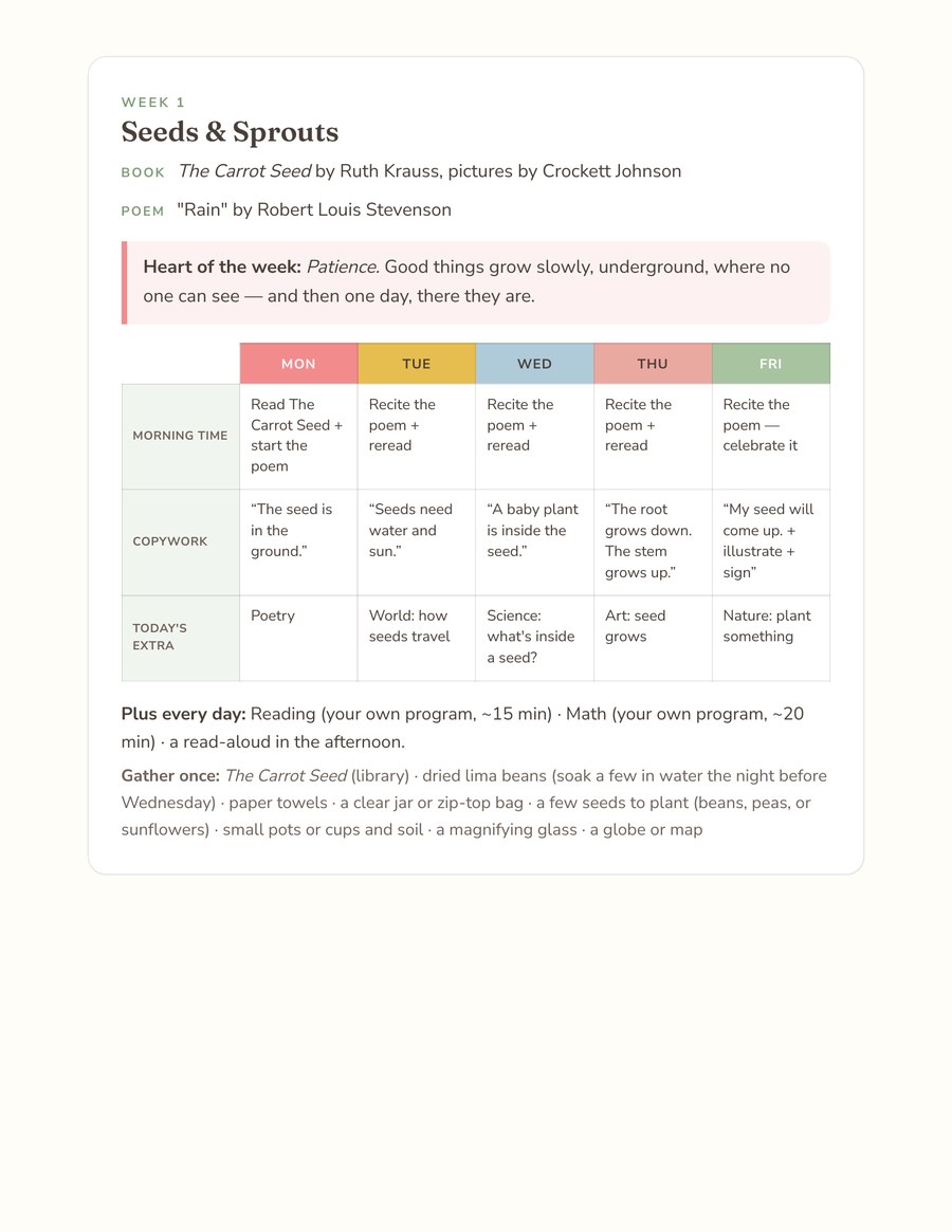 A one-page weekly grid from the pack