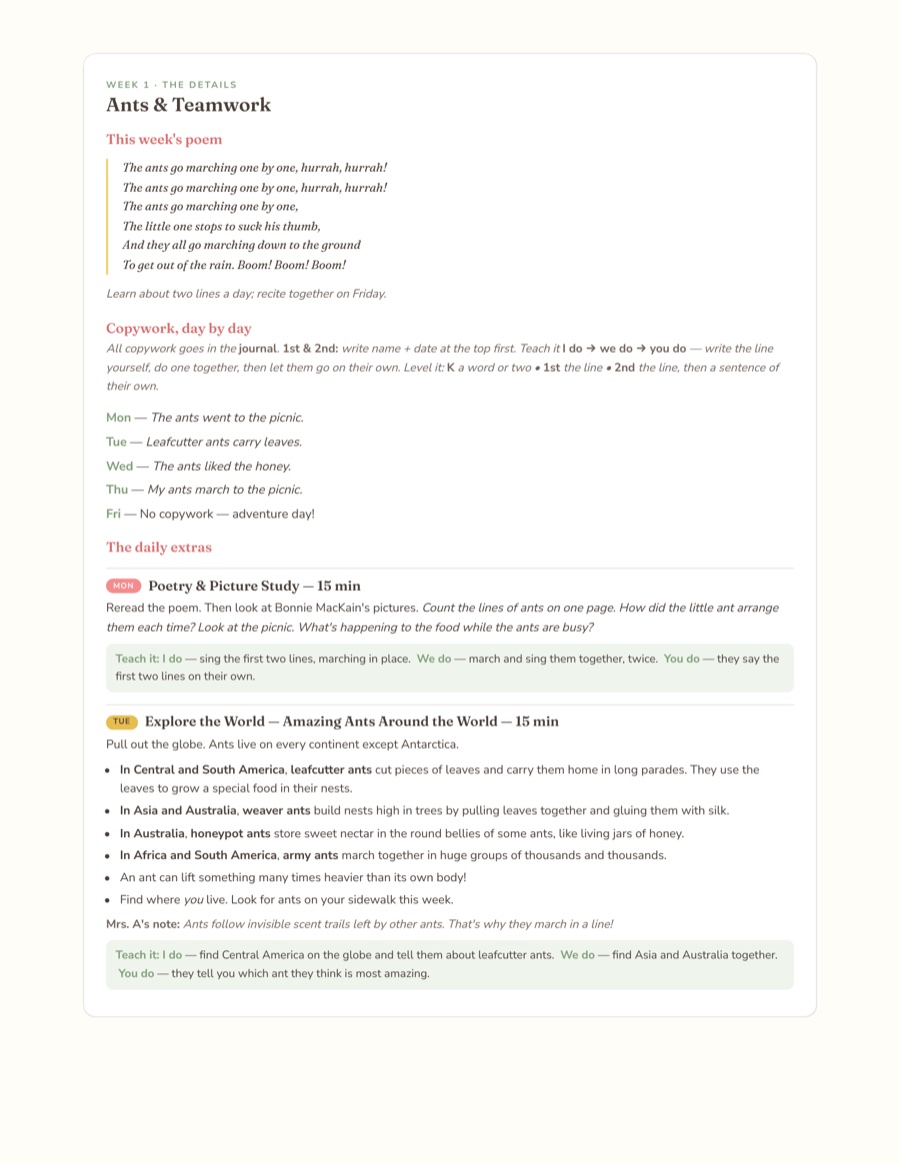 A weekly detail page with the poem, copywork, and activities