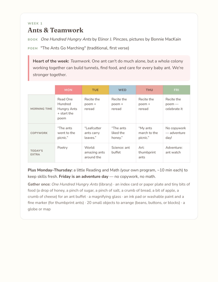 A one-page weekly grid from the pack