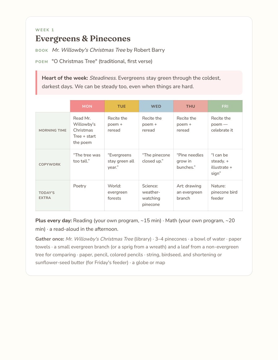 A one-page weekly grid from the pack