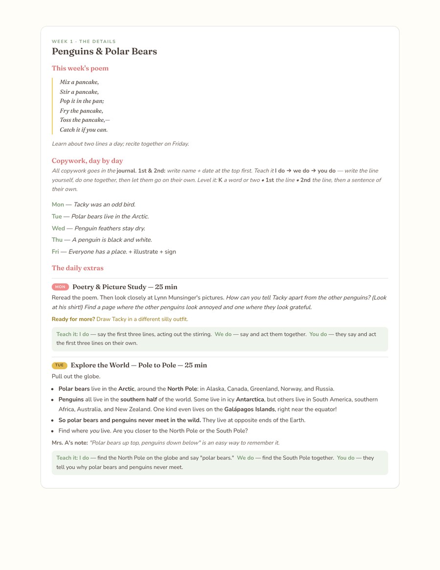A weekly detail page with the poem, copywork, and activities