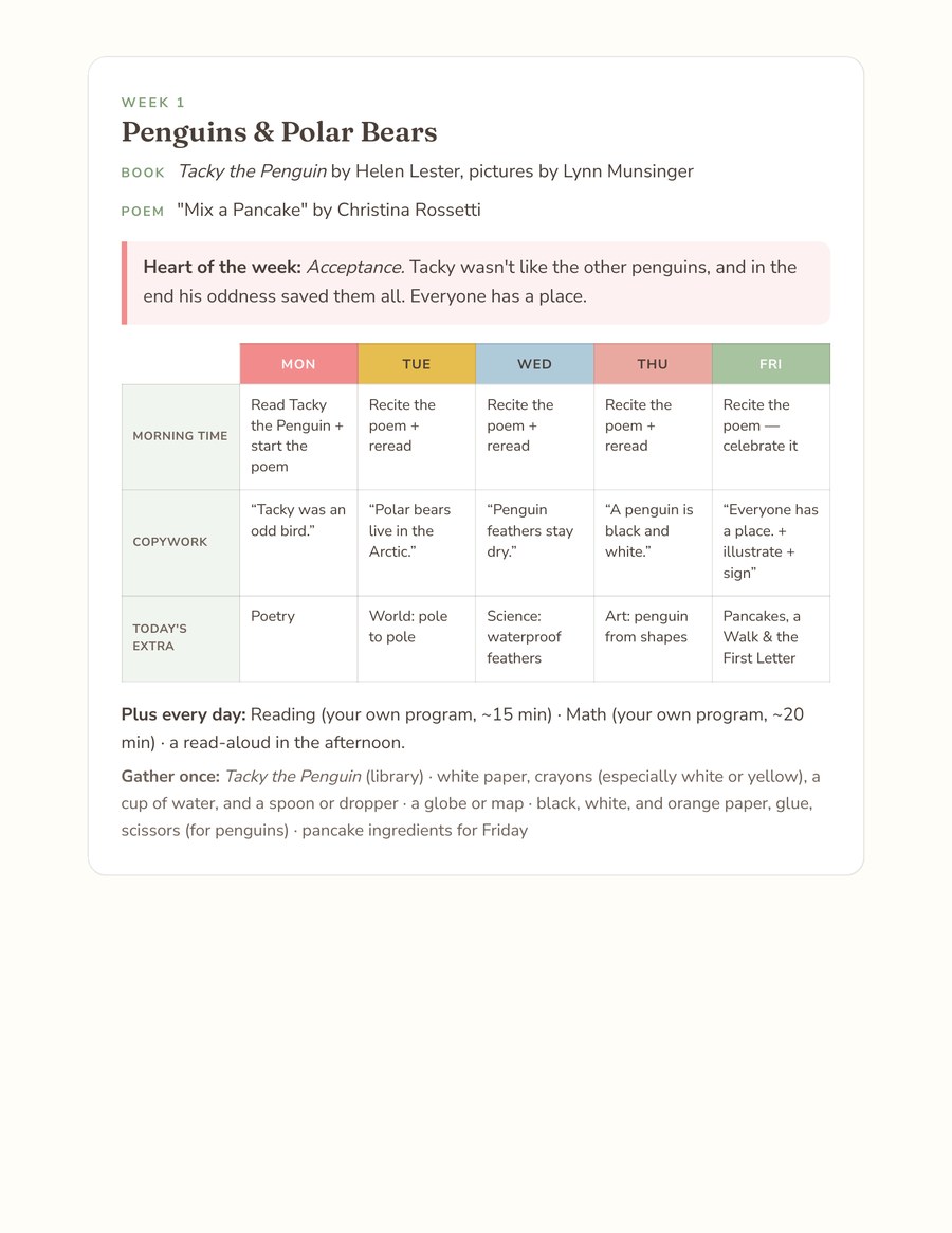 A one-page weekly grid from the pack