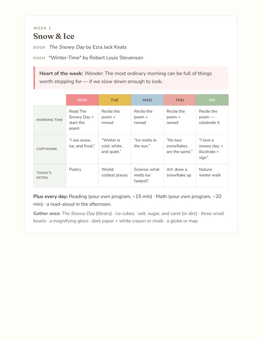 A one-page weekly grid from the pack