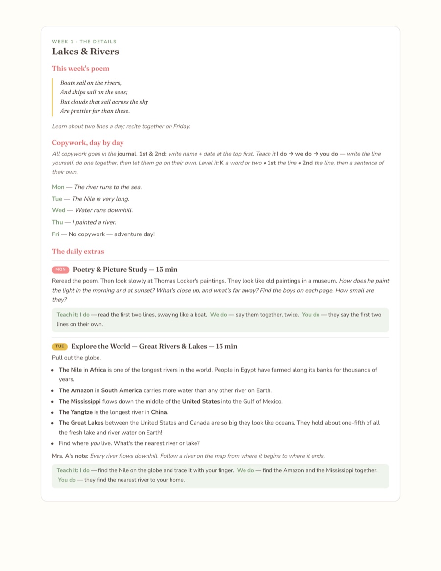 A weekly detail page with the poem, copywork, and activities