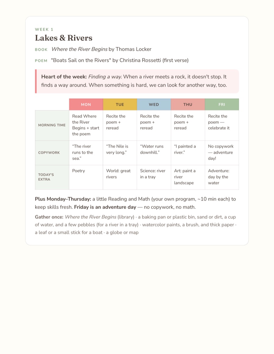 A one-page weekly grid from the pack