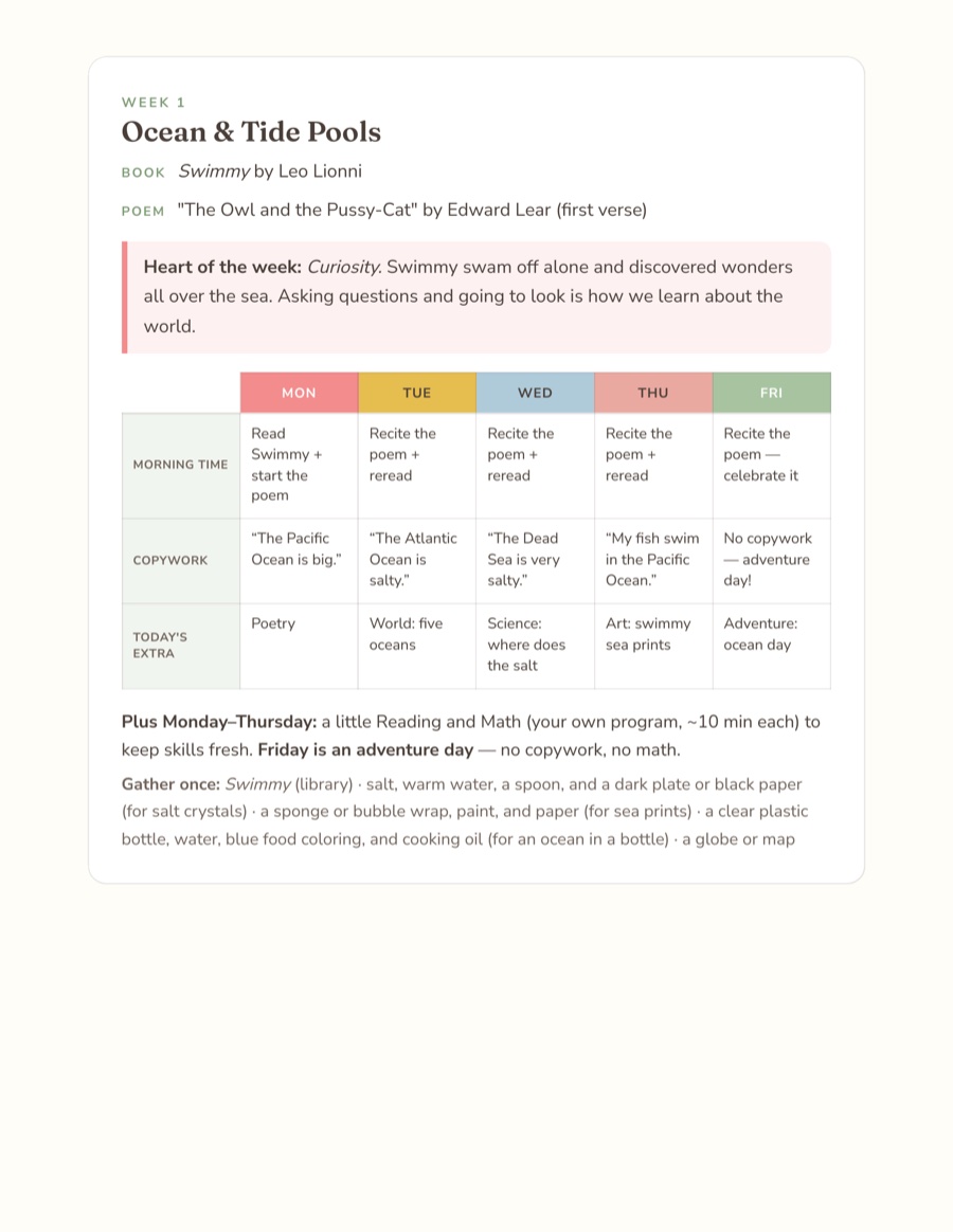 A one-page weekly grid from the pack