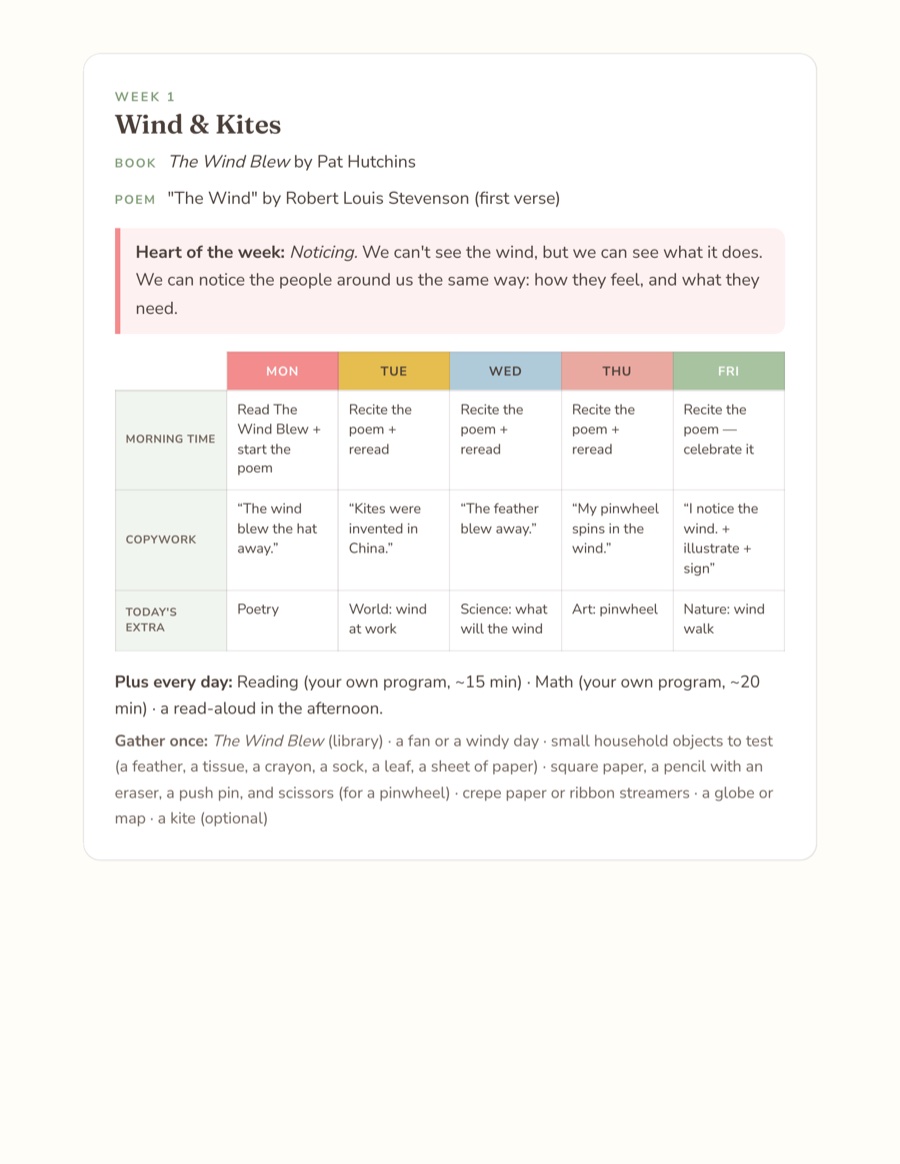 A one-page weekly grid from the pack
