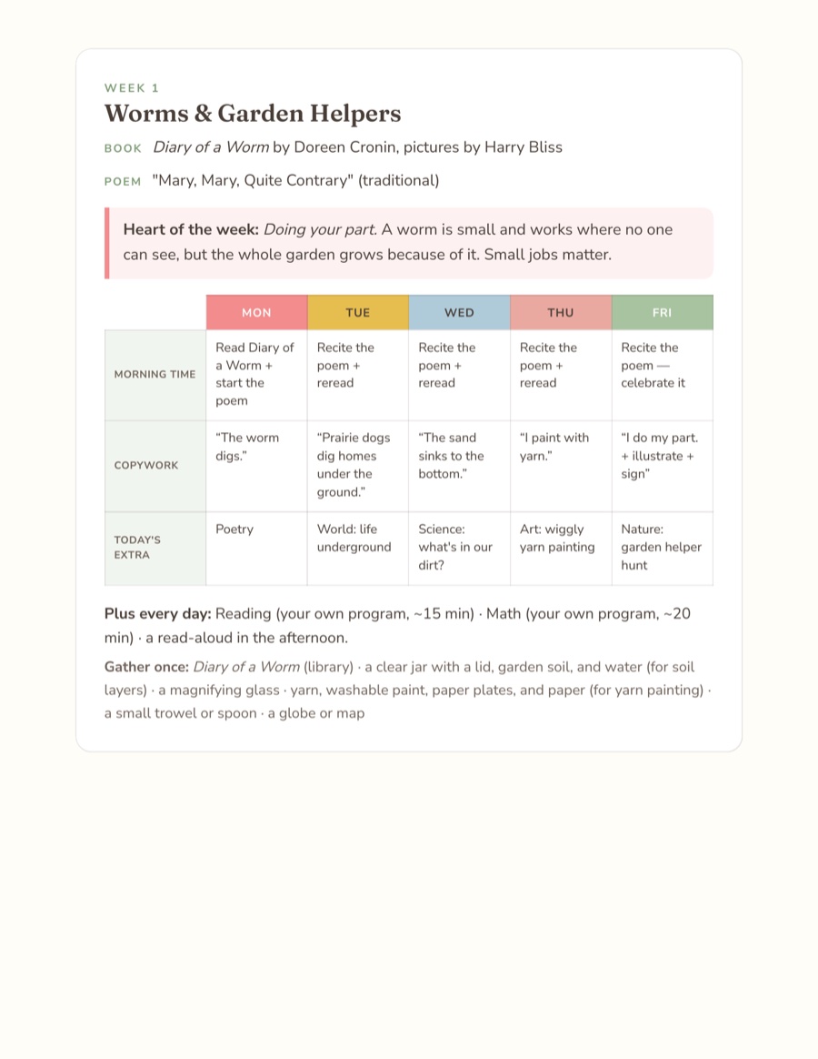 A one-page weekly grid from the pack