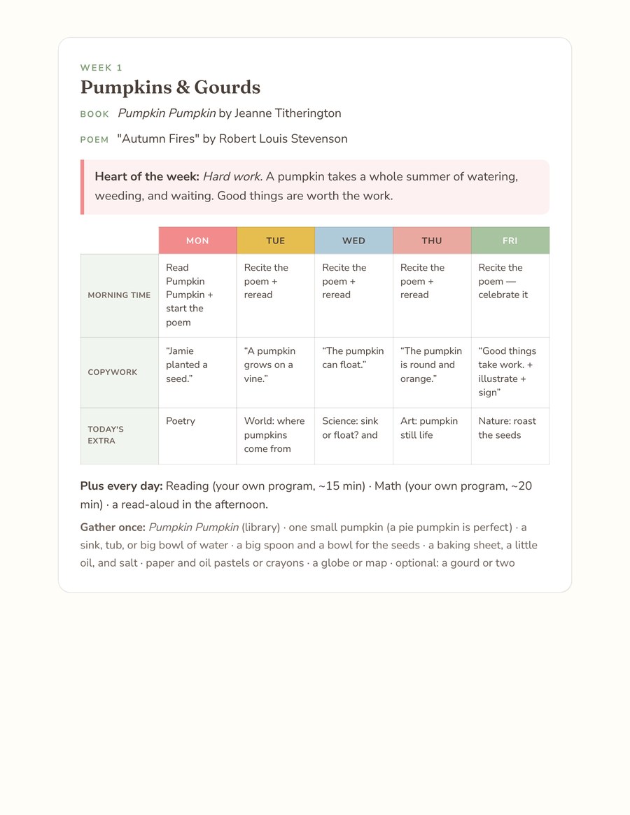 A one-page weekly grid from the pack