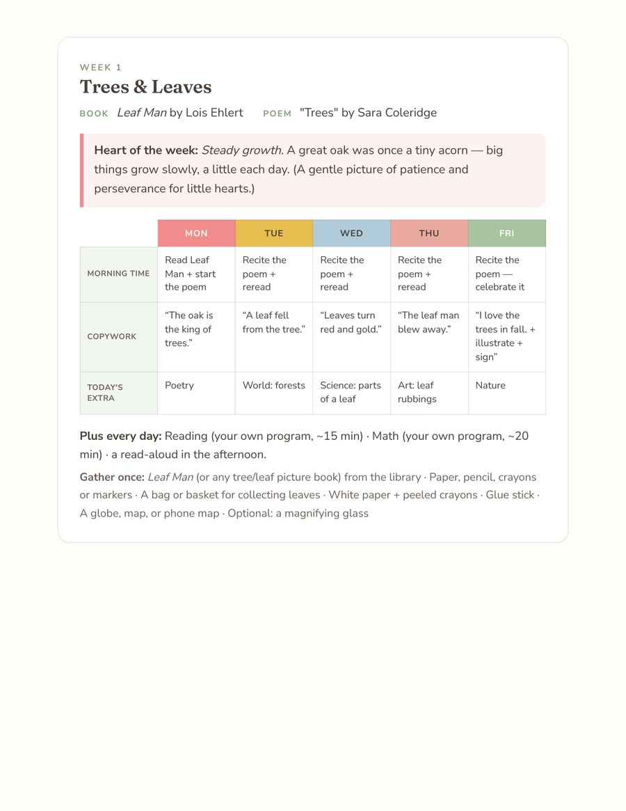 A one-page weekly grid from the pack