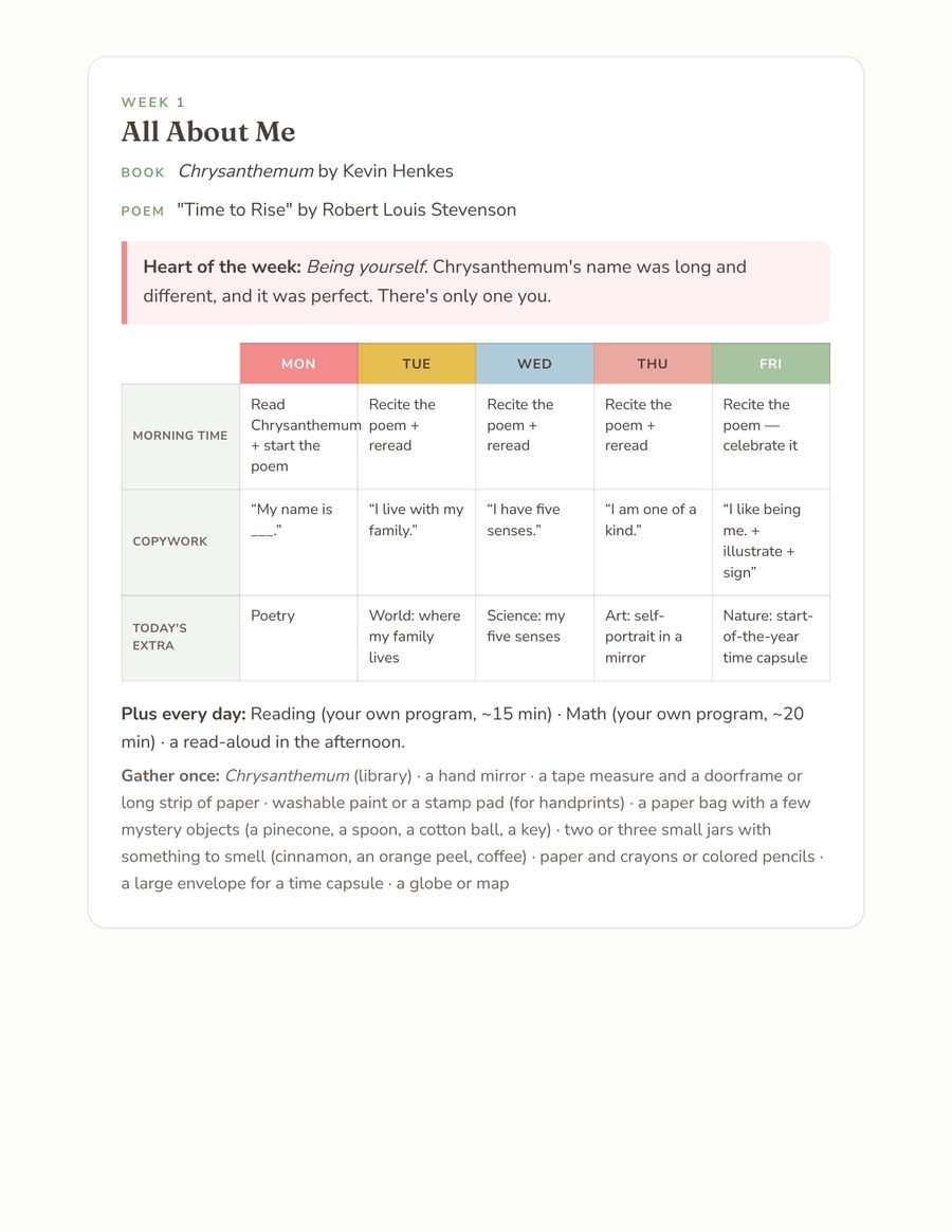 A one-page weekly grid from the pack